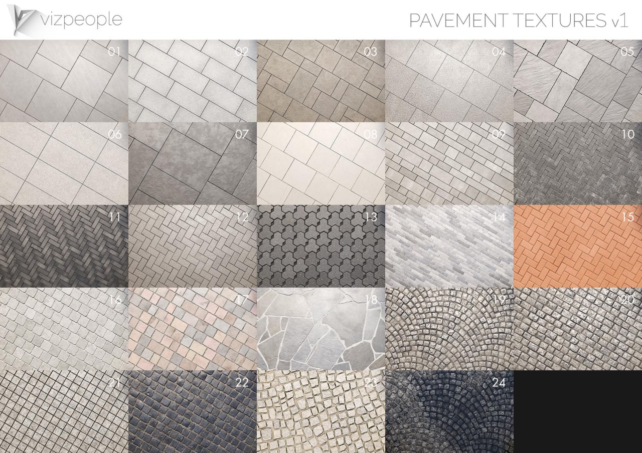 VizPeople - Pavement Textures v1路面贴图, 20个路面的无缝材质球, 8K分辨率